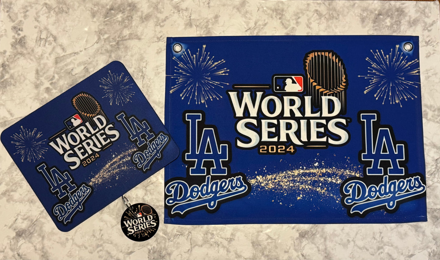 LA Dodgers 2024 World Series Champions banner, mouse pad and keychain for all my baseball lovers.